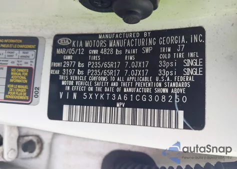 2012 Kia Sorento Lx from USA, damaged, VIN 5XYKT3A61CG308250